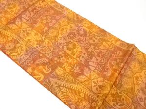 花・動物更紗模様織り出し開き名古屋帯（額縁仕立て）